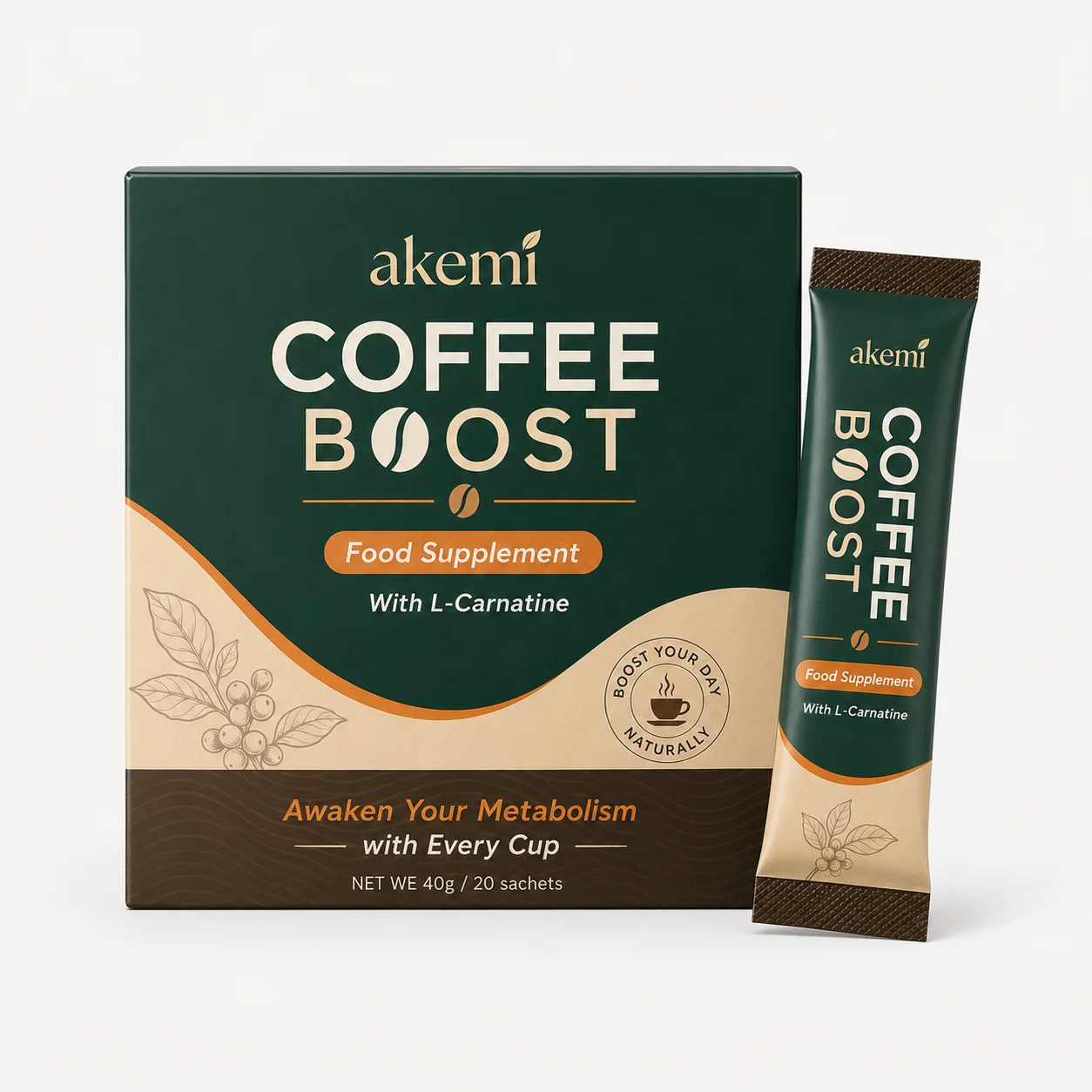 Akemi Coffee Boost : boîte du complément alimentaire contenant 20 sachets individuels de booster de café