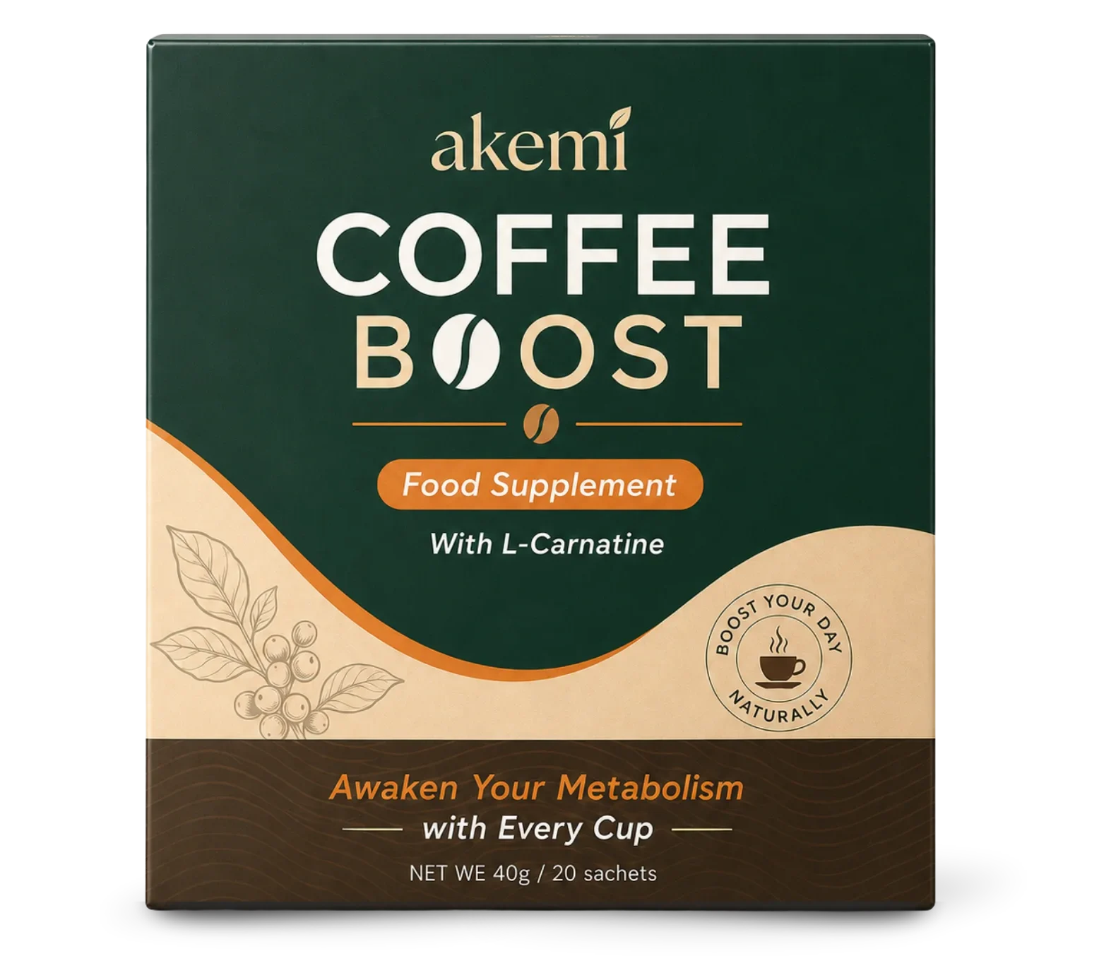Akemi Coffee Boost avis 2026 : la boîte Akemi Coffee Boost et un sachet individuel de booster à mélanger au café