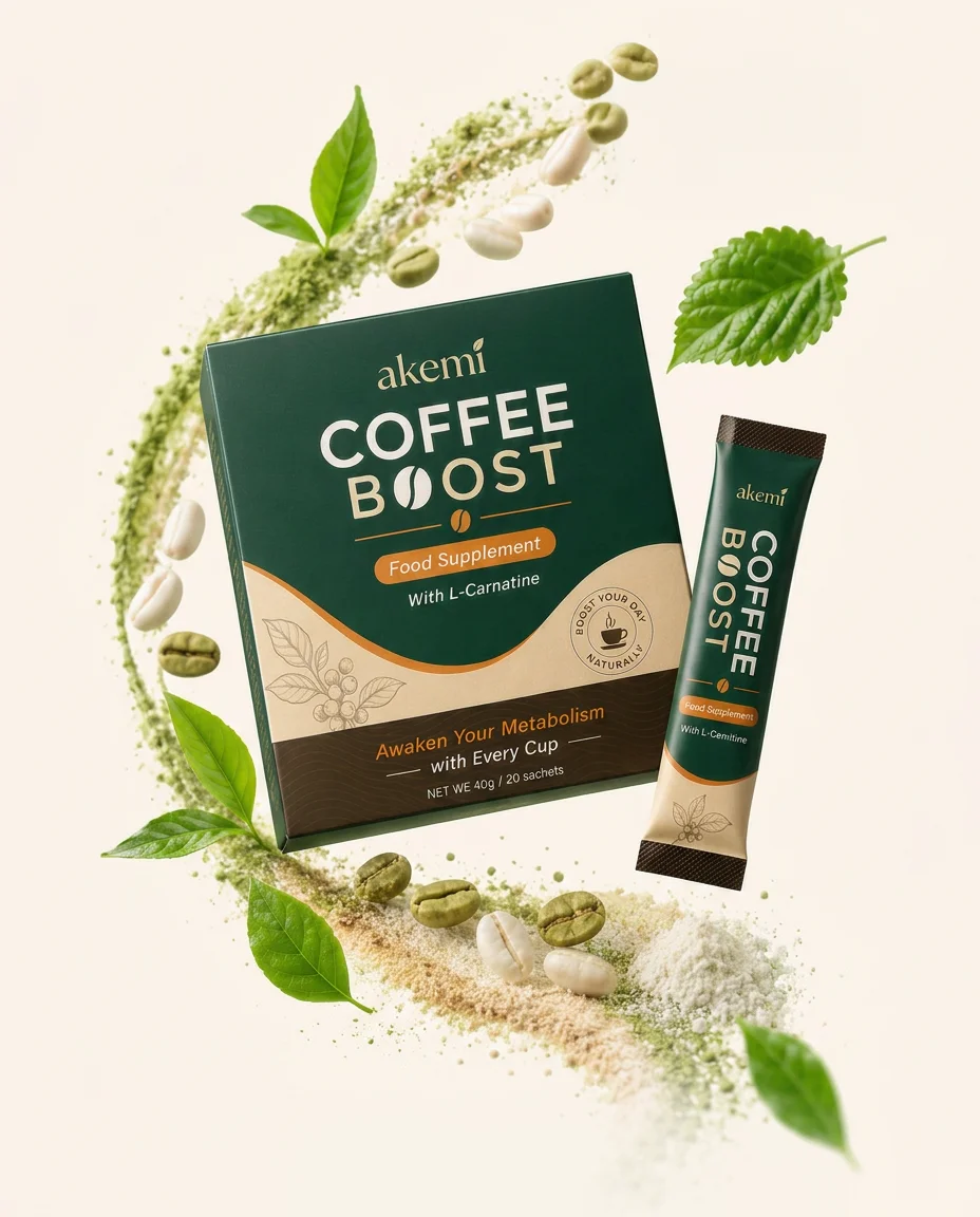 Sachets individuels Akemi Coffee Boost entourés d’ingrédients végétaux comme des feuilles de thé vert et des grains de café