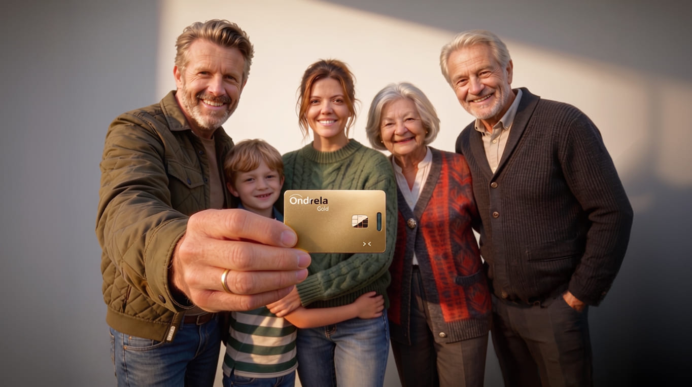 Family checking shared locations and their Ondrela tracker cards on a smartphone map