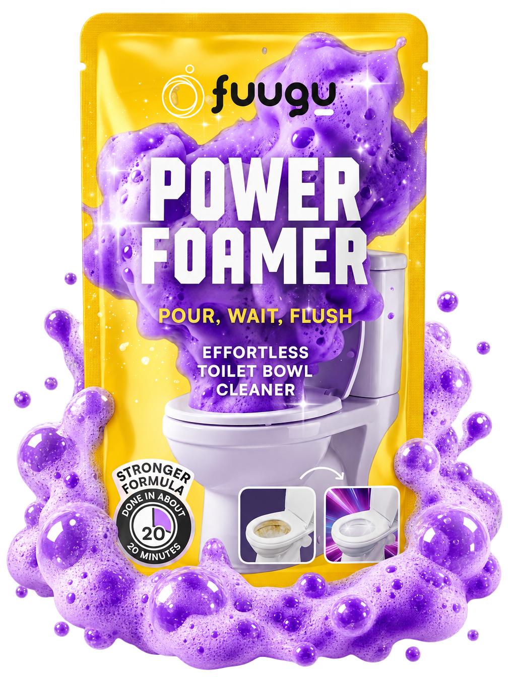 Fuugu Power Foamer-pose ved siden af en toiletkumme fyldt med lilla rengĂžringsskum