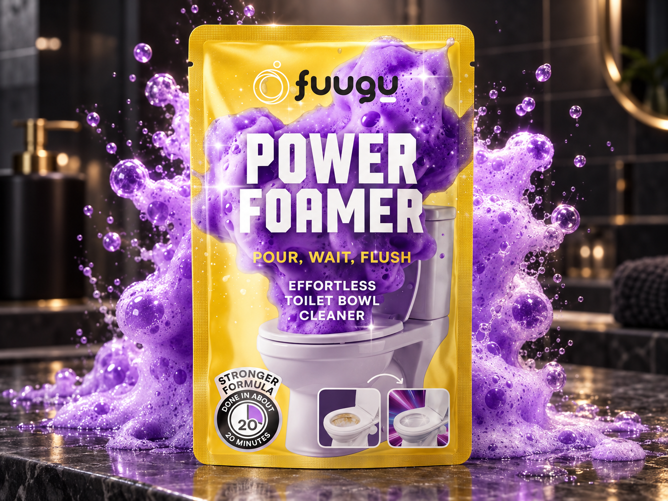 Fuugu toiletrens anmeldelse 2026: lilla skum, der stiger op i en hvid toiletkumme ved siden af Fuugu Power Foamer-posen