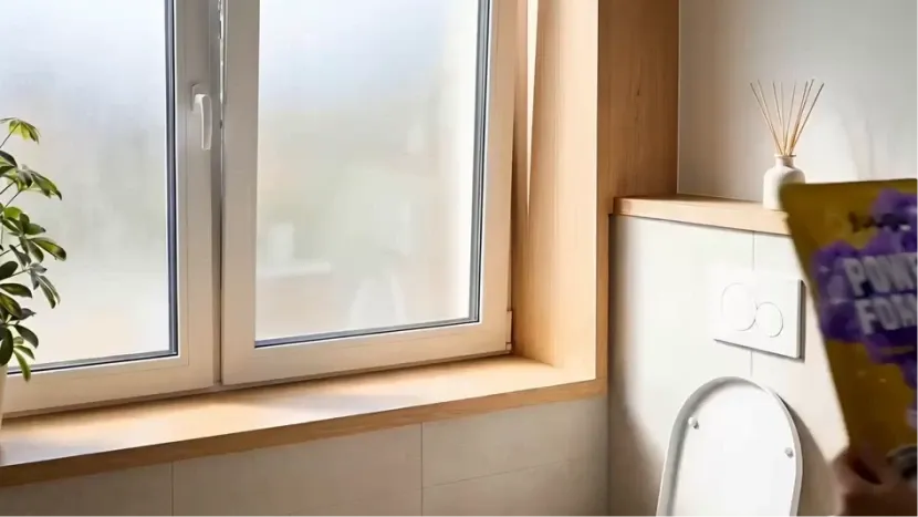 Toiletkumme fyldt med lilla Fuugu-skum pÄ et badevÊrelse med vindue