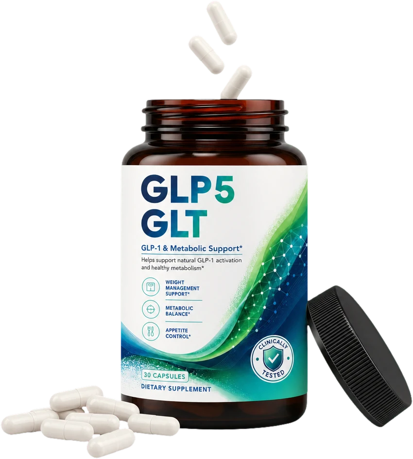 En boks GLP5 GLT â kapsler for GLP-1 og metabolisme â med noen lĂžse kapsler foran
