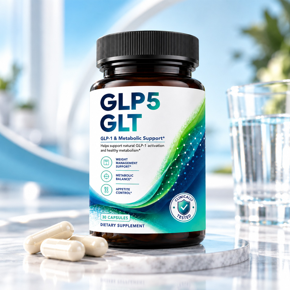 GLP5 GLT-kapsler ved siden av et glass vann â rutinen med Ă©n kapsel om dagen