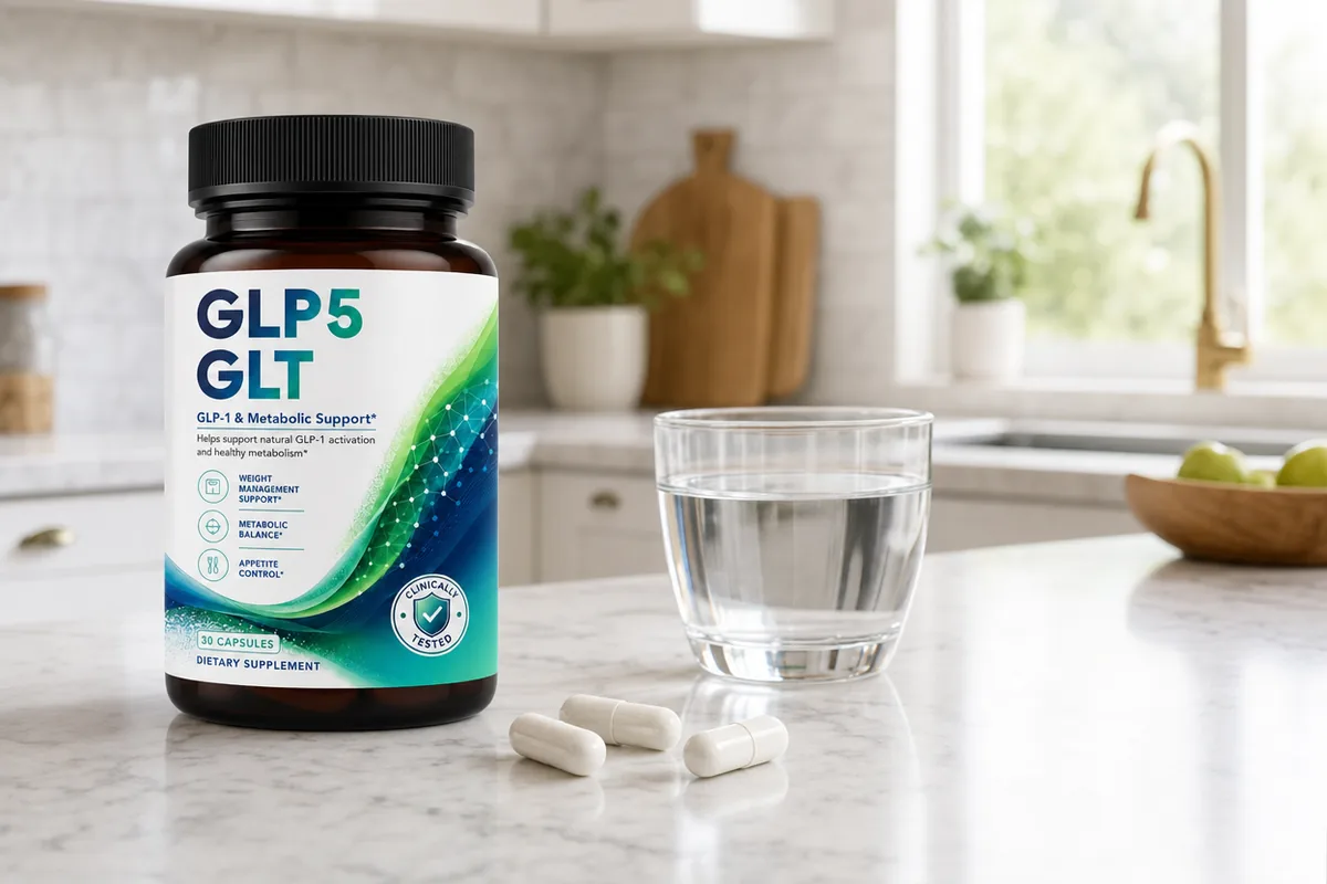 Boks med GLP5 GLT og en daglig kapsel pĂ„ et lyst kjĂžkken â en del av mĂ„ltidsrutinen
