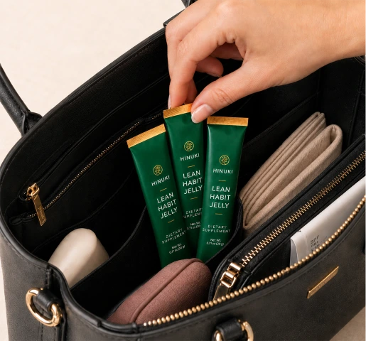 Hinuki jelly sticks in an open handbag – a portable snack for on the go