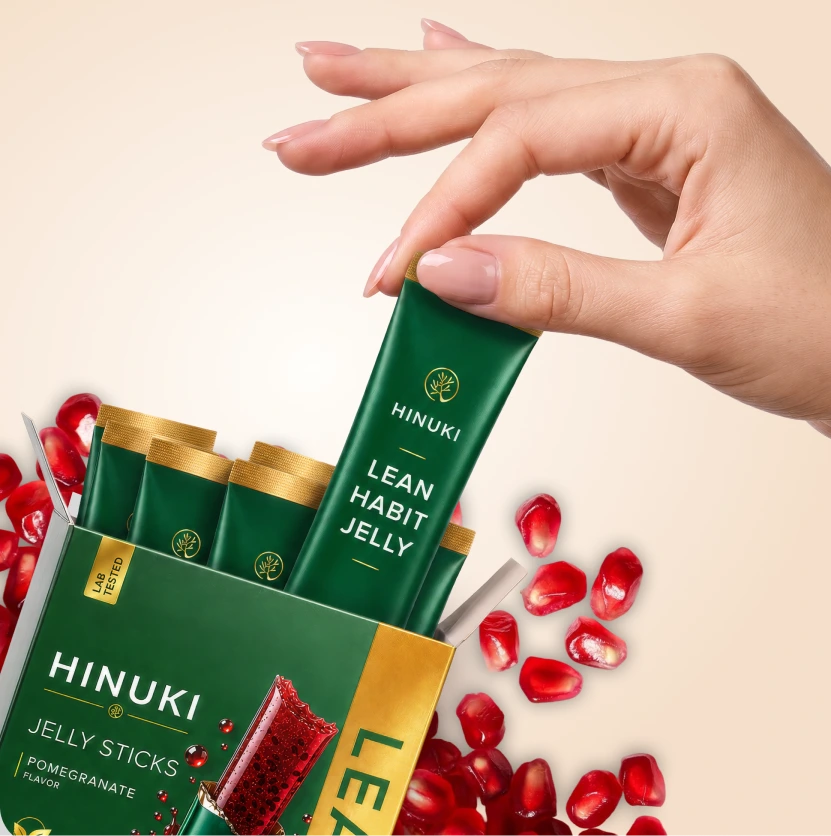 Hinuki Lean Habit Jelly box with a single pomegranate jelly stick in front of it