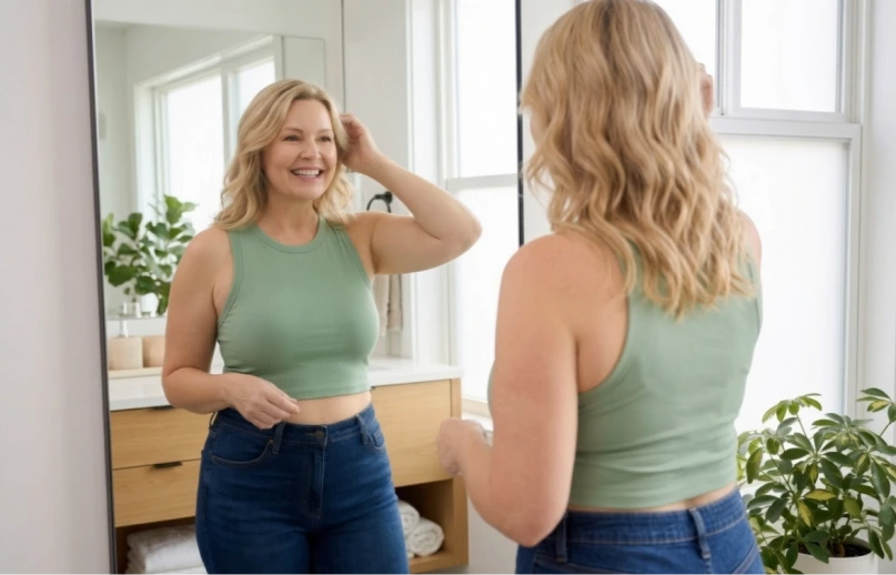 Woman checking her reflection in the mirror as part of a weight management routine with Hinuki