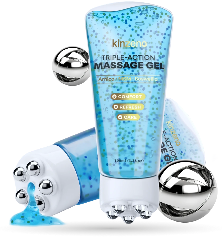 Kinzeno Triple-Action Massage Gel packshot: blue 100 ml tube with arnica, MSM and boswellia and the steel rollerball head