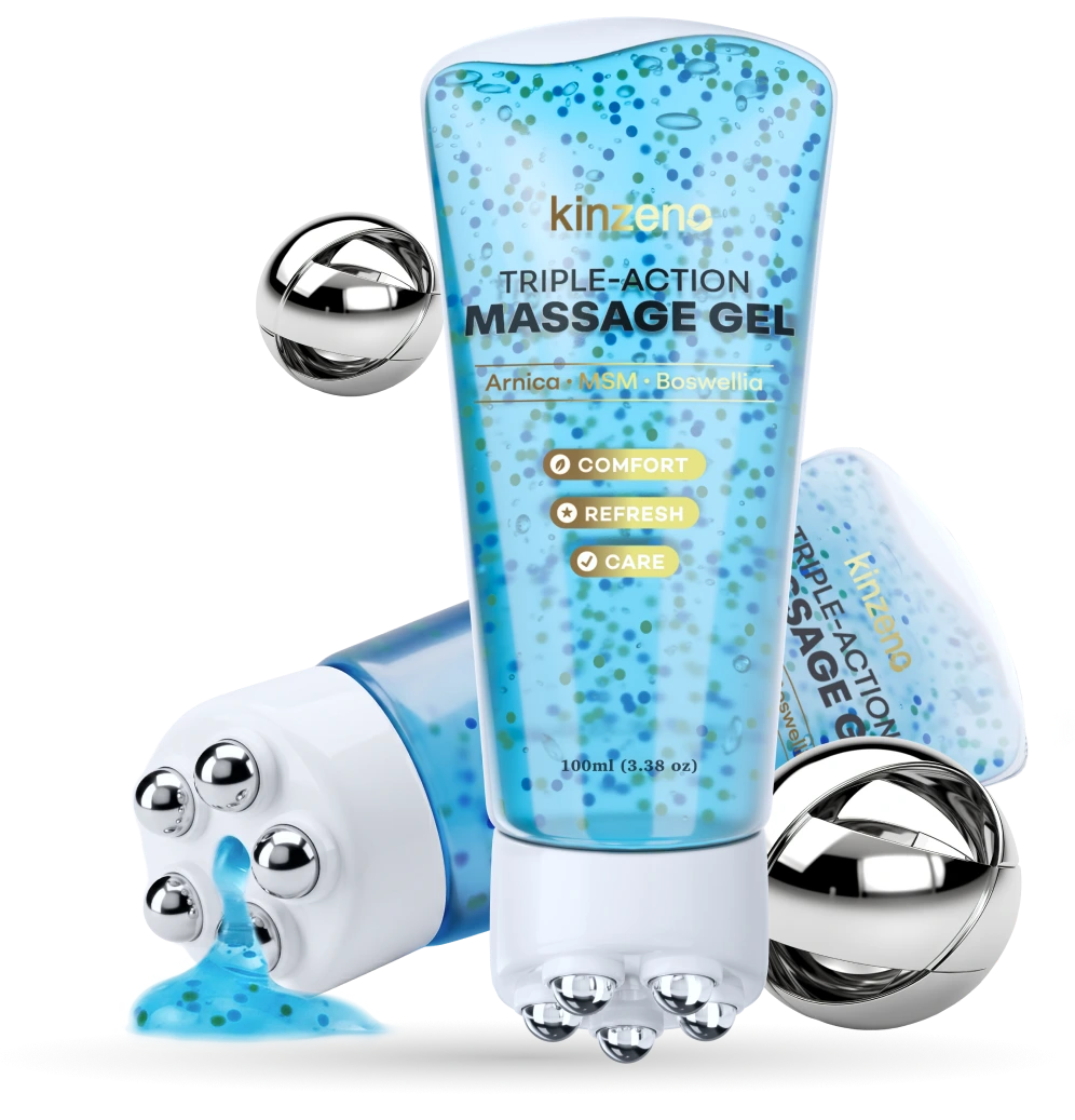 Kinzeno gel reviews 2026: blue Kinzeno massage gel tube with its magnetic five-rollerball head