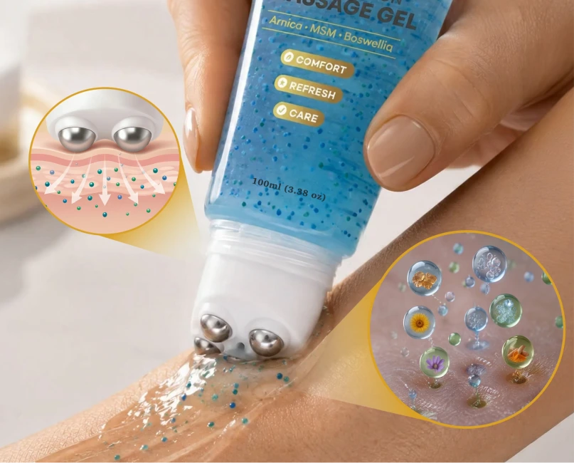 Rolling Kinzeno massage gel onto the forearm hands-free with the rollerball head
