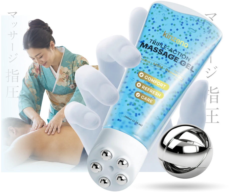 Shiatsu-inspired back massage next to the Kinzeno massage roller gel tube