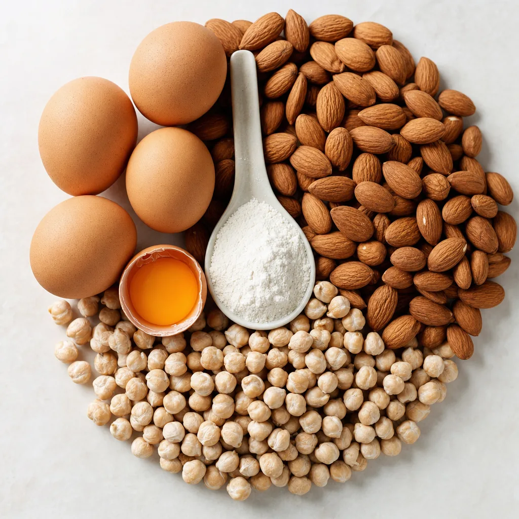 Leucinrik mat â egg, mandler og kikerter â som illustrerer L-leucinet i GLP5 GLT