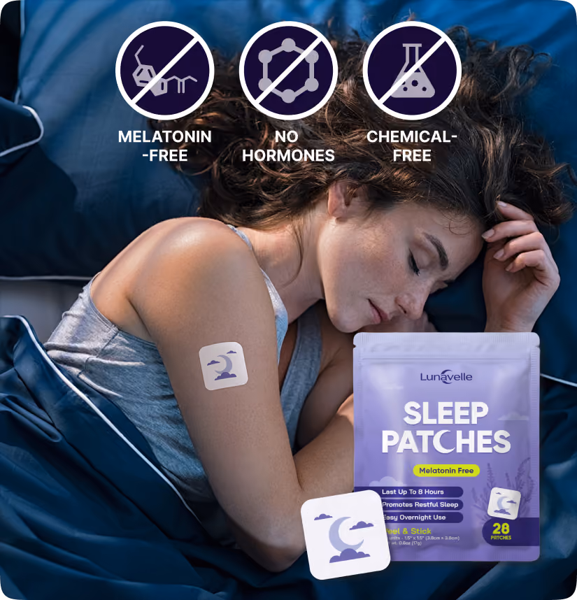 Woman asleep with a Lunavelle sleep patch on her shoulder – melatonin-free, no hormones, chemical-free according to the vendor
