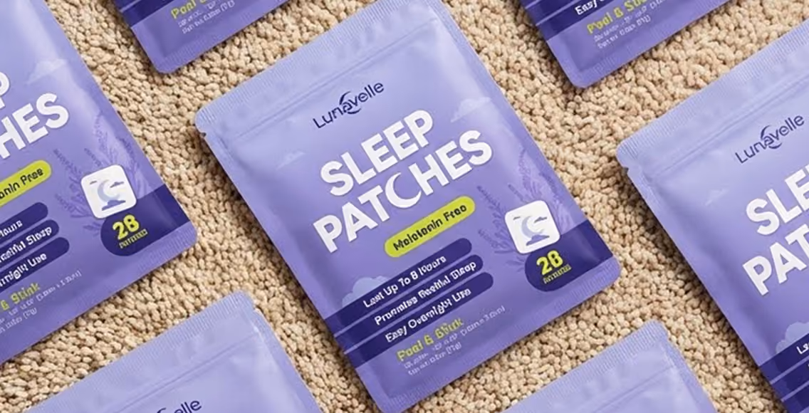 Several packs of Lunavelle sleep patches lying on a bed – multipacks for one or two people