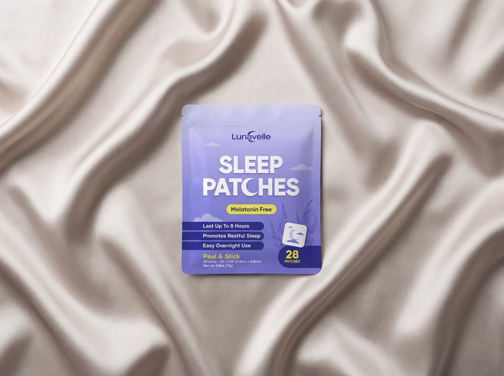 Lunavelle sleep patches review 2026: purple pack of 28 melatonin-free Lunavelle sleep patches
