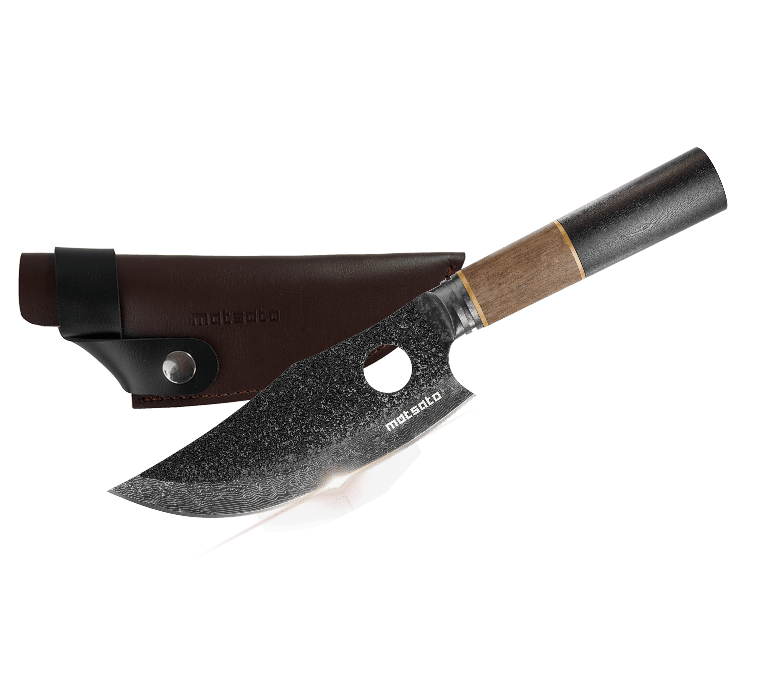 Matsato Osuren chef knife with finger hole, dark hammered blade and two-tone wooden handle next to its brown leather sheath