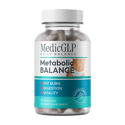 Yksi pullo MedicGLP Daily Balance â Metabolic Balance -ravintolisÀÀ, jossa on 30 kapselia