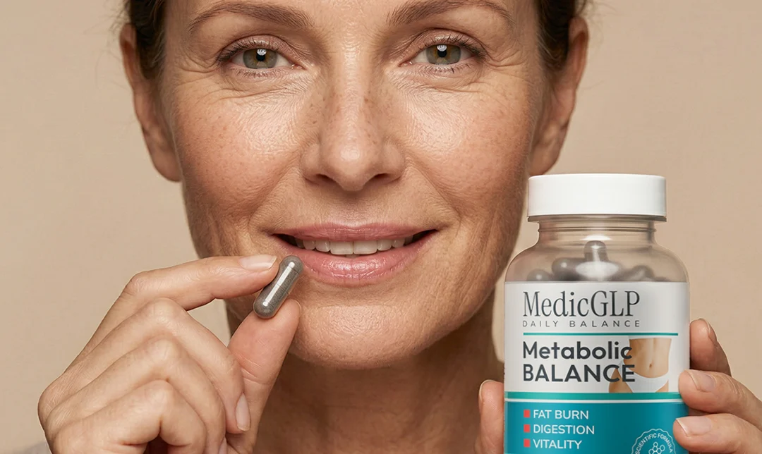 MedicGLP kokemuksia 2026: henkilö pitelee MedicGLP-kapselia Daily Balance â Metabolic Balance -pullon vieressĂ€
