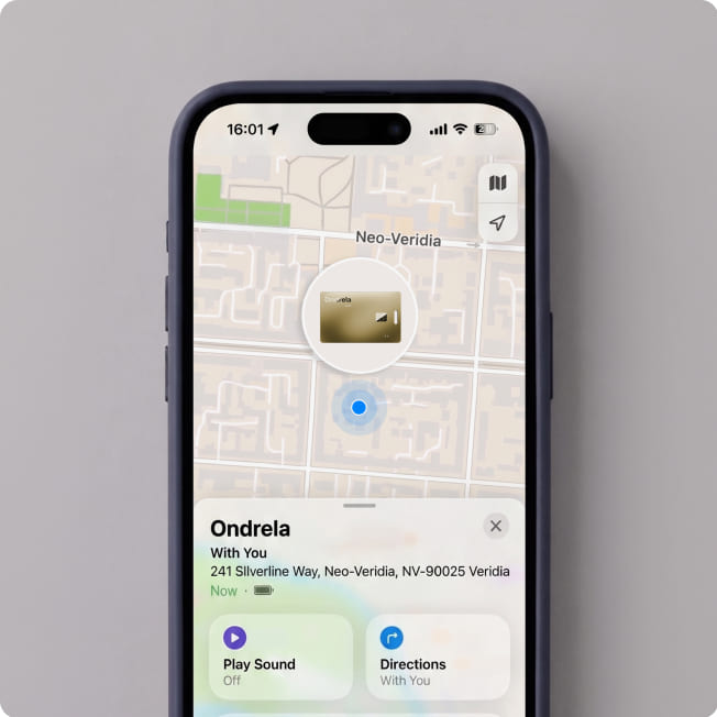 Smartphone map showing the location of the Ondrela tracker card â finding your wallet, luggage or bike on the map