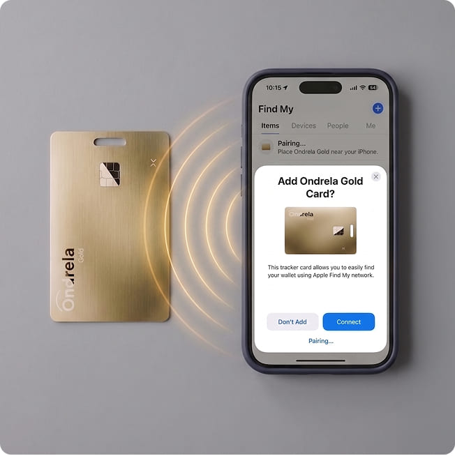 Pairing the Ondrela tracker card with a smartphone â the card is connected in the phoneâs built-in tracking app