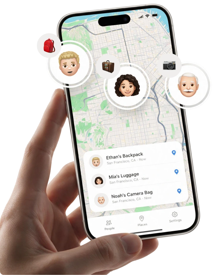 Find My app overview with tracked items and people on one map â how the Ondrela card appears next to your other devices