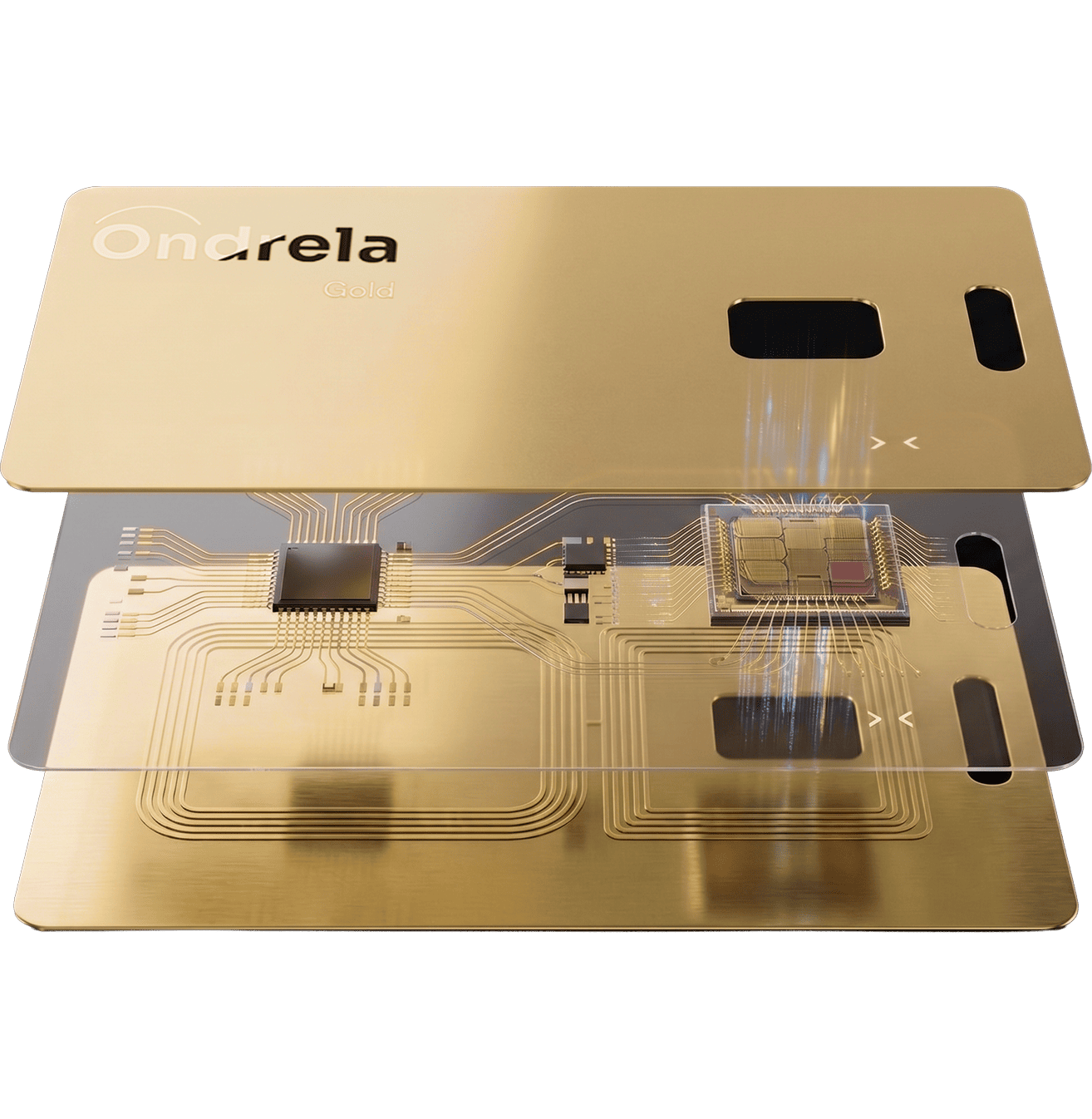 Exploded view of the Ondrela tracker card showing the gold cover with the Ondrela logo, the circuit layer with chips and the charging coil