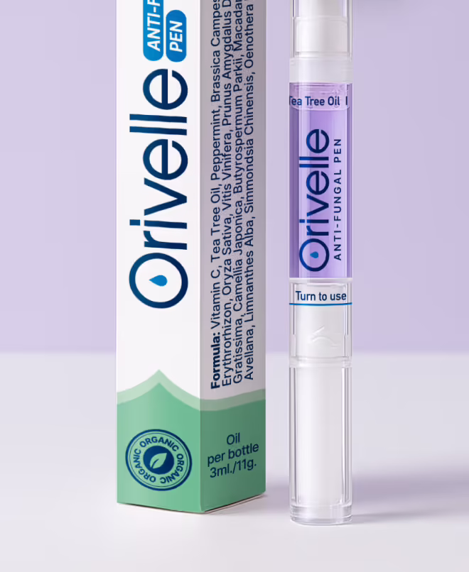 Orivelle Anti-Svampepen mod neglesvamp med æsken, hvor ingredienslisten står trykt