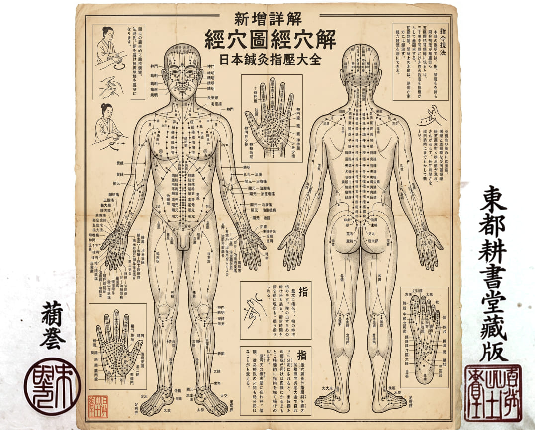 Traditional Japanese acupressure points chart that inspired Shiatsu massage and the Kinzeno roller head