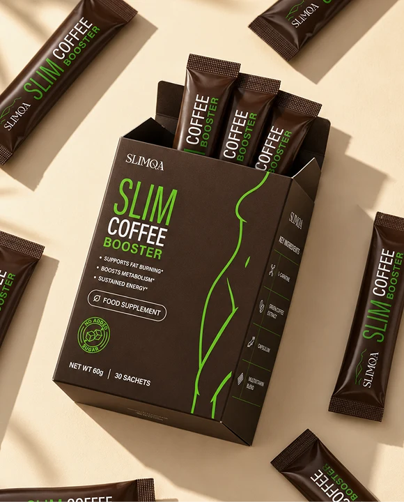 Boîte ouverte de Slimqa Slim Coffee Booster avec les sticks individuels rangés à l’intérieur
