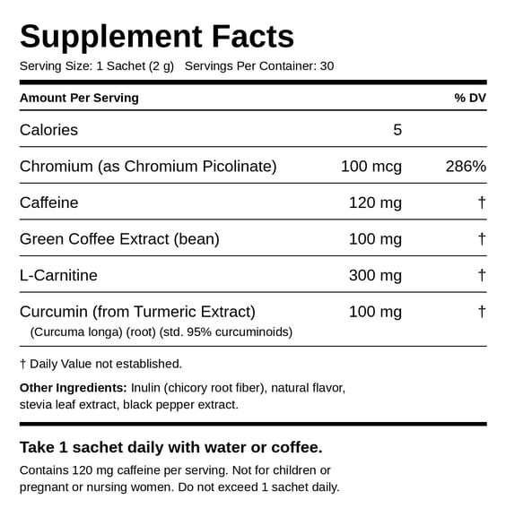 Tableau de composition du Slimqa Slim Coffee Booster avec caféine, L-carnitine, extrait de café vert, curcumine et chrome par sachet