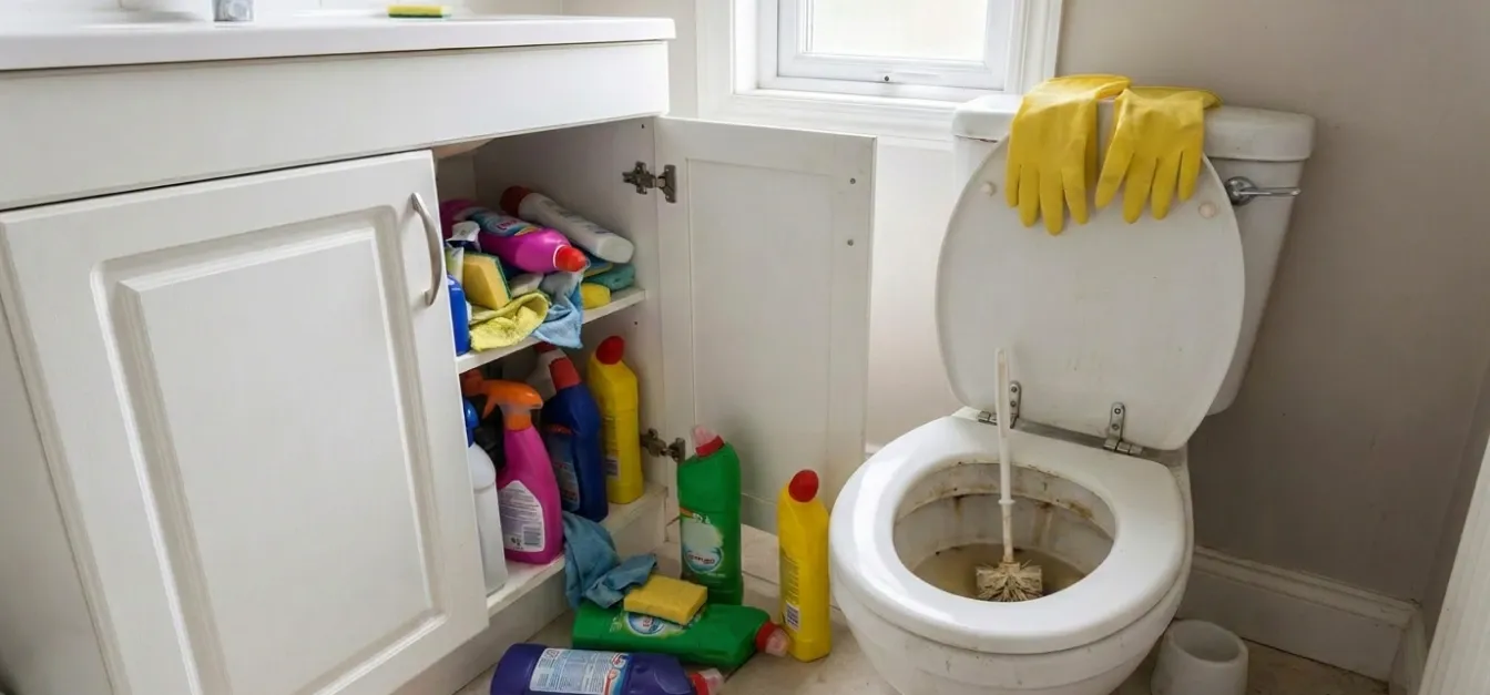 Rodet samling af toiletrensflasker, geler og sprays under en vask