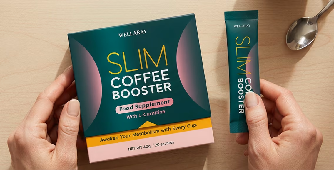 Hands holding a box of the Wellaray Slim Coffee Booster with 20 single-serve sachets