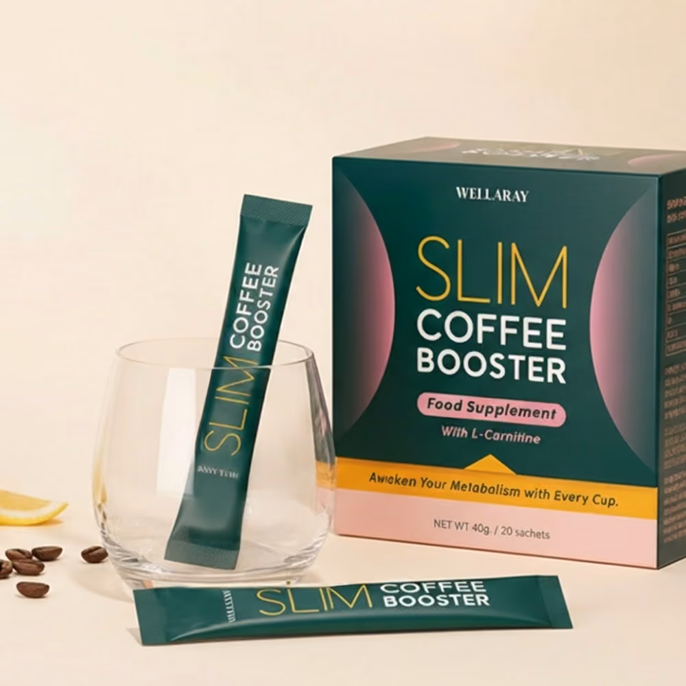 Wellaray Slim Coffee Booster packshot: box of 20 sachets with single-serve coffee booster sticks next to it