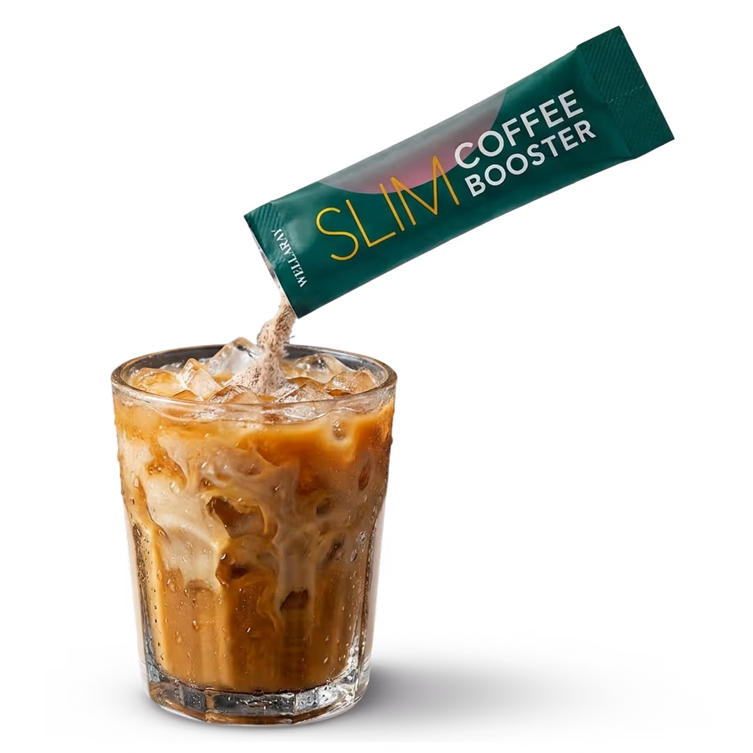 Wellaray coffee booster reviews 2026: glass of iced coffee prepared with the Wellaray Slim Coffee Booster