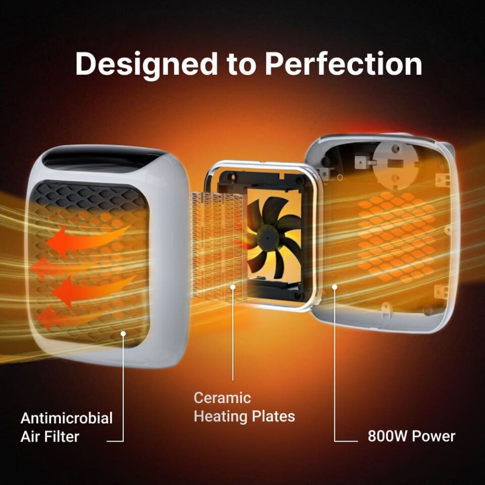 WellHeater exploded view showing the air filter, ceramic heating plates and 800 W heating unit inside the plug-in heater