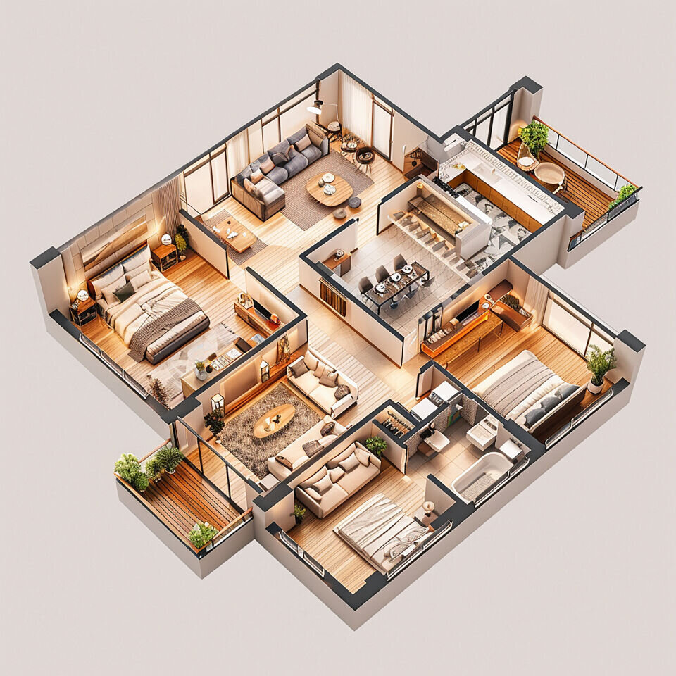 3D-plattegrond van een woning die laat zien hoe je WellHeater-kacheltjes per kamer kunt inzetten